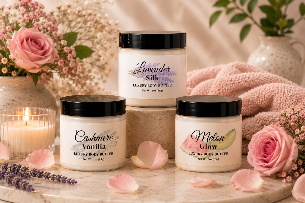 Luxury handcrafted whipped body butter in jars with scent options